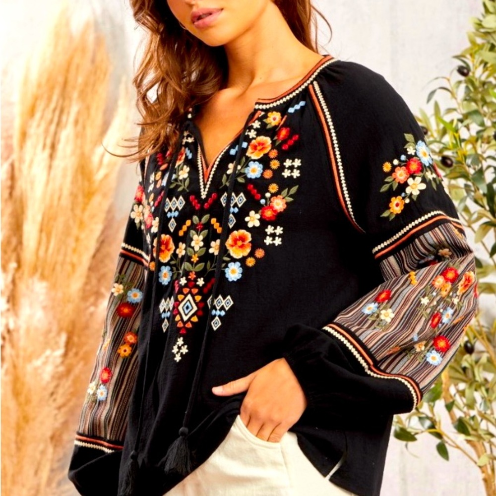 Savannah Jane Embroidered Black Boho Top